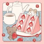  border cake cake_slice commentary_request creature cup drink flower flower_(symbol) food fruit highres holding holding_food holding_fruit nahara_saki no_humans original pastel_colors pink_border plate red_flower strawberry teacup teapot 