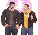 2boys backpack bag bara beard_stubble character_request couple denim facial_hair feet_out_of_frame highres holding_hands hydaus jeans male_focus mature_male multiple_boys muscular muscular_male mustache_stubble pants short_hair smile standing stubble thick_eyebrows weekend_2011 yaoi 