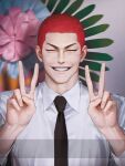  1boy black_necktie buzz_cut closed_eyes double_v highres indoors male_focus necktie nolja_cz red_hair sakuragi_hanamichi short_hair slam_dunk_(series) smile solo upper_body v v-shaped_eyebrows very_short_hair 