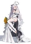  1girl absurdres bare_shoulders black_hairband blue_archive blush bouquet closed_mouth earrings feet flower full_body grey_hair grey_halo hair_ornament hairband halo high_heels highres himari_(blue_archive) holding holding_bouquet jewelry leviathan_(hikinito0902) long_hair looking_at_viewer off_shoulder pointy_ears purple_eyes simple_background sitting smile solo thighhighs thighs toes unworn_footwear white_background white_footwear white_thighhighs 