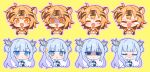  +_+ 2girls =_= animal_ears azur_lane chibi closed_mouth crying dragon_horns fang horns hu_pen_(azur_lane) long_hair looking_at_viewer lung_wu_(azur_lane) medium_hair multiple_girls nervous_sweating open_mouth shaded_face shnva smile smug sweat tiger_ears unamused yellow_background 