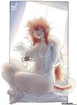  :3 animal_ears bed bed_sheet boned_meat breasts censored collarbone dog_ears dog_tail fenrir_(last_origin) food full_body ginseng_(xin) glowing glowing_eyes heart indoors last_origin long_hair looking_at_viewer meat multicolored_hair naked_shirt nipple_slip nipples on_bed one_eye_closed red_hair shirt sleeves_past_fingers sleeves_past_wrists tail tongue tongue_out two-tone_hair white_hair 