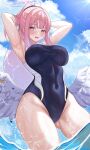  1girl armpits arms_behind_head arms_up ass_visible_through_thighs blue_archive blue_one-piece_swimsuit blue_sky blush breasts cloud competition_school_swimsuit covered_navel feathered_wings halo highres jungtong large_breasts long_hair looking_at_viewer mika_(blue_archive) official_alternate_costume one-piece_swimsuit outdoors pink_hair school_swimsuit sky smile solo swimsuit trinity_general_school_swimsuit very_long_hair wading white_wings wings yellow_eyes 