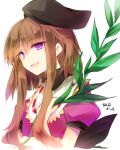  1girl black_headwear brown_hair holding holding_plant kutsuki_kai nishida_satono open_mouth plant puffy_short_sleeves puffy_sleeves purple_eyes short_sleeves simple_background smile solo touhou white_background 