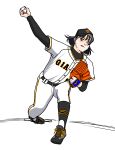  1girl absurdres baseball baseball_cap baseball_uniform belt black_belt black_hair black_headwear brown_eyes full_body hat highres nippon_professional_baseball ohtanijiro pants shirt shoes short_hair simple_background sneakers solo sportswear white_background white_pants white_shirt yomiuri_giants 