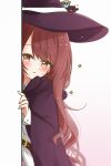  1girl :&lt; belt_buckle blush brown_hair buckle debi_tarou hat highres idolmaster idolmaster_shiny_colors long_hair looking_at_viewer osaki_tenka peeking_out purple_robe robe solo sparkle very_long_hair witch_hat yellow_eyes yukiwanabiku 