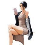  1girl black_hair breasts cellphone chromatic_aberration cleavage commentary crossed_legs dress english_commentary green_eyes grey_dress hair_over_one_eye highres holding holding_phone jacket light_smile looking_at_phone looking_at_viewer medium_breasts off_shoulder original phone short_hair simple_background single_bare_shoulder sitting smartphone smile solo spaghetti_strap tbocart thighs upskirt white_background 