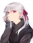  1girl absurdres black_vest blush breasts earrings fate/grand_order fate_(series) grey_sweater hair_ribbon highres jewelry kama_(fate) large_breasts long_hair long_sleeves looking_at_viewer mitsurugi_sugar red_eyes red_ribbon ribbon solo sweater vest white_hair 