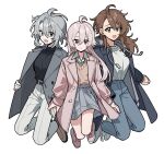  3girls ahoge brown_eyes brown_hair full_body genderswap genderswap_(mtf) grey_background grey_eyes grey_hair highres idolish7 kujou_tenn long_hair medium_hair multiple_girls nanman pink_hair simple_background trigger_(idolish7) tsunashi_ryuunosuke yaotome_gaku 