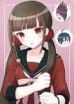  1girl 2boys ahoge artist_name black_hair black_sailor_collar blunt_bangs blush bow bowtie breasts brown_hair collarbone d: danganronpa_(series) danganronpa_v3:_killing_harmony grey_bow grey_bowtie hair_ornament hair_scrunchie harukawa_maki highres holding holding_hair low_twintails mole mole_under_eye momota_kaito multiple_boys red_eyes red_scrunchie saihara_shuichi sailor_collar scrunchie small_breasts solo_focus spiked_hair toyatopa twintails upper_body 