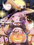  1girl animal animal_on_shoulder black_cat blurry blurry_background blush candy cat chocolate chocolate_bar dress earrings fang food frilled_hat frills ghost hair_ribbon halloween halloween_bucket happy_halloween hat hat_ornament high_collar holding ibispaint_(medium) jack-o&#039;-lantern jack-o&#039;-lantern_hat_ornament jewelry juliet_sleeves lollipop long_hair long_sleeves looking_at_viewer low-tied_long_hair neck_ribbon one_eye_closed open_mouth orange_eyes original puffy_sleeves ribbon shiina_(user_ecjx4545) solo star_(symbol) string_of_flags swirl_lollipop very_long_hair white_hair witch witch_hat wrapped_candy 