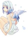  1girl :o arm_tattoo arms_at_sides bad_drawr_id bad_id bare_legs barefoot blue_eyes blue_wings character_request copyright_request dress feathered_wings gradient_hair looking_at_viewer mattaku_mousuke multicolored_hair nape oekaki parted_lips purple_hair simple_background sitting soles solo streaked_hair tattoo toes wariza white_background white_dress white_hair wing_tattoo wings 