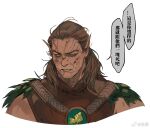  1boy angry baldur&#039;s_gate baldur&#039;s_gate_3 bara blood blood_on_face chinese_text cropped_torso dark-skinned_male dark_skin dungeons_and_dragons halsin highres kaifei_(kaifei_29) looking_ahead male_focus mature_male medium_hair muscular muscular_male pointy_ears solo thick_eyebrows translation_request tribal 