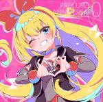  1girl anniversary black_jacket blonde_hair blue_eyes blush bow choker collarbone commentary_request detached_sleeves dokidoki!_precure fur-trimmed_sleeves fur_trim grey_shirt grey_sleeves grin hair_between_eyes hair_bow hairband heart heart_hands jacket kuune_rin long_hair looking_at_viewer multicolored_hair one_eye_closed open_clothes open_jacket pink_background precure purple_hair red_bow red_hairband regina_(dokidoki!_precure) shirt short_sleeves signature smile solo two-tone_hair very_long_hair 