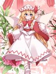  1girl absurdres artist_name blonde_hair blue_eyes blush bow bowtie capelet closed_mouth collar commentary fairy fairy_wings flower hat hat_bow highres leaf lily_white long_hair long_sleeves pink_flower plant red_bow red_bowtie smile solo top-exerou touhou very_long_hair white_capelet white_headwear wide_sleeves wings 