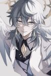  1boy closed_mouth coat collared_shirt earrings grey_hair hair_between_eyes halo head_wings highres honkai:_star_rail honkai_(series) hoshino_57 jewelry looking_at_viewer male_focus medium_hair shirt solo sunday_(honkai:_star_rail) white_coat white_wings wings yellow_eyes 