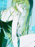  1girl bare_shoulders camisole dated dated_commentary from_behind green_eyes green_hair highres john_kafka long_hair original shadow solo spaghetti_strap 