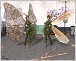 2022 3d_(artwork) alley animal_humanoid antennae_(anatomy) arthropod arthropod_humanoid barefoot brown_hair daz3d digital_media_(artwork) duo feet female first_person_view furniture graffiti green_body green_eyes green_skin green_sofa hair humanoid insect insect_humanoid insect_wings looking_at_viewer nippleless outside pavement sofa wings xlef