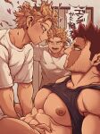  3boys abbbby_28 abs bara bare_pectorals black_tank_top blonde_hair blush boku_no_hero_academia burn_scar clone couple endeavor_(boku_no_hero_academia) facial_hair hawks_(boku_no_hero_academia) heart highres indoors large_pectorals looking_at_another male_focus mature_male multiple_boys muscular muscular_male nipples open_mouth pectorals red_hair scar scar_on_face shirt short_hair sitting sitting_on_person smile tank_top translation_request white_shirt yaoi 