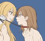  2girls blonde_hair breasts brown_eyes collar eye_contact face_to_face gloves hickey holding holding_leash large_breasts leash leash_pull long_hair looking_at_another misaka_mikoto multiple_girls nude shokuhou_misaki simple_background toaru_kagaku_no_mental_out toaru_kagaku_no_railgun toaru_majutsu_no_index white_gloves yakult1124 yuri 