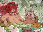  2girls animal_ears blonde_hair blush breasts chibi chibi_inset cleavage cloud commission cup dark_skin drinking drinking_glass fingernails fox fox_ears fox_tail hitodama kafun large_breasts multiple_girls multiple_tails nude onsen orange_eyes original partially_submerged pink_nails red_hair sharp_fingernails short_hair shot_glass skeb_commission steam sweat sweatdrop tail towel towel_on_head 