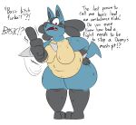 2021 3_toes 4_fingers ?! aliasing angry anthro arm_tuft asking asking_viewer belly belly_tuft big_breasts biped black_inner_ear black_markings black_nose black_text blue_body blue_ears blue_fur blue_tail breast_tuft breasts chest_spike countershade_torso countershading curvy_figure digital_drawing_(artwork) digital_media_(artwork) english_text exclamation_point eyelashes facial_markings featureless_breasts feet female female_anthro finger_wag fingers front_view full-length_portrait fur fur_tuft generation_4_pokemon gloves_(marking) grey_spikes hand_on_hip hand_spike head_markings leg_markings leg_tuft love_handles luca_(thatoneaceguy) lucario markings mask_(marking) motion_lines naturally_censored navel nintendo no_pupils nude nude_anthro nude_female offended overweight overweight_anthro overweight_female pigeon_toed pokemon pokemon_(species) pokemorph portrait profanity question_mark quotation_marks red_eyes red_mouth red_tongue simple_background snaggle_tooth socks_(marking) solo spikes spikes_(anatomy) standing tail talking_to_viewer tan_body tan_countershading teeth text thatoneaceguy thick_thighs threatening threatening_viewer toes tongue tuft voluptuous white_background wide_hips