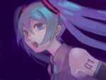  1girl :o aqua_necktie armpit_crease bad_drawr_id bad_id bare_shoulders black_background blue_eyes blue_hair detached_sleeves grey_shirt grey_sleeves hair_between_eyes hatsune_miku long_hair looking_at_viewer moi_(mo_i45) necktie number_tattoo oekaki open_mouth shirt sleeveless sleeveless_shirt solo tattoo teeth upper_body upper_teeth_only vocaloid 