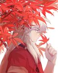  1boy animal_ears autumn_leaves bead_necklace beads branch dog_ears from_side hand_up highres holding holding_leaf inuyasha inuyasha_(character) japanese_clothes jewelry leaf long_hair looking_at_hand looking_down male_focus maple_leaf necklace red_theme sidelocks simple_background solo upper_body white_background white_hair yuigacyako 