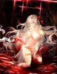 1girl absurdres armlet bare_shoulders belly_chain body_markings bracelet breasts cleavage collarbone colored_skin dress durga_(fate) earrings eso9ulg97 fate/grand_order fate_(series) gradient_skin grey_hair hair_ribbon highres jewelry large_breasts long_hair pelvic_curtain red_eyes red_skin revealing_clothes ribbon snake solo thighlet thighs thumb_ring white_dress white_snake 