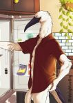anthro appliance avian balls beak big_penis bird bottomless clothed clothing feathers flaccid fridge genitals hi_res humanoid_genitalia humanoid_penis inside kitchen_appliance long_neck male midnightsultry open_clothing open_shirt open_topwear penis shirt side_view solo standing stork tail tail_feathers topwear white_body white_feathers