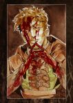  1boy absurdres artemy_burakh beard_stubble blood blood_on_clothes blood_on_face blood_on_hands border brown_background brown_hair facial_hair highres looking_to_the_side male_focus mature_male mustache_stubble own_hands_clasped own_hands_together pathologic pathologic_2 pout short_hair solo stubble ultra-baklan-the-ovosh upper_body white_border 