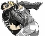  2boys ass bara black_hair blonde_hair bound bound_wrists colored_tips couple cowboy_shot dorohedoro facial_mark from_side kai_(dorohedoro) kiss leg_on_another&#039;s_shoulder lifting_person male_focus medium_sideburns multicolored_hair multiple_boys muscular muscular_male no_eyebrows risu_(dorohedoro) sketch sweatdrop thick_eyebrows ting_ting yaoi 