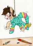 2018 baseball_bat bat_(object) blush blush_lines brown_eyes brown_hair candy cork dessert earth_pony equid equine fan_character feral food freckles fur hair hasbro hi_res horse icaron inanimorphs male mammal mid_transformation motion_lines multicolored_body my_little_pony open_mouth pinata pinata_transformation pony potion potion_bottle potion_label rope solo suspended_in_midair suspension tail tan_body tan_fur text transformation transformation_potion