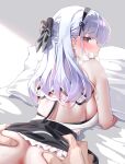  1girl absurdres anus anus_peek ass ass_grab azur_lane backless_outfit black_hairband blunt_bangs bow classic_(zildjian33) clothes_lift dido_(azur_lane) earrings hair_bow hairband highres jewelry long_hair looking_at_viewer looking_back maid on_bed skirt skirt_lift sweat white_hair 