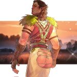  1boy ass ass_cutout baldur&#039;s_gate baldur&#039;s_gate_3 bara clothing_cutout cross-laced_clothes cross-laced_cutout dungeons_and_dragons from_behind grant_k_233 halsin highres looking_at_viewer male_focus mature_male medium_hair muscular muscular_male pointy_ears solo standing thick_eyebrows 
