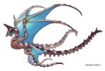  animal_focus blue_wings brown_horns chimera commentary_request copyright_notice dragon from_side full_body horizontal_pupils horns monster no_humans original profile simple_background single_horn solo spikes suction_cups tentacles white_background wings yamamura_le yellow_eyes 