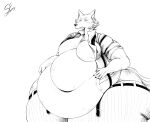anthro beastars big_butt big_moobs butt canid canine canis clothed clothing embarrassed huge_belly huge_butt huge_hips huge_thighs ill_fitting_clothing legoshi_(beastars) male mammal monochrome moobs nipples obese obese_anthro obese_male open_clothing open_shirt open_topwear overweight overweight_anthro overweight_male shirt solo sori_e suspenders thick_thighs topwear unbelted wardrobe_malfunction wide_hips wolf