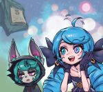  2girls :d ahoge black_bow black_cloak black_gloves bow breasts cleavage cloak collarbone drill_hair gloves green_eyes green_hair gwen_(league_of_legends) hair_bow happy hood hood_up league_of_legends long_hair looking_to_the_side multicolored_background multiple_girls open_mouth phantom_ix_row pink_eyes pointy_ears smile star-shaped_pupils star_(symbol) symbol-shaped_pupils teeth twin_drills upper_body upper_teeth_only vex_(league_of_legends) yordle 