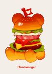  absurdres animal-themed_food bread_bun burger cheese commentary english_text flag food food_art food_focus highres kaname_(emanalc) ketchup lettuce meat no_humans original pun sesame_seeds simple_background sitting tomato tomato_slice vegetable white_background 