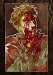  1boy absurdres artemy_burakh beard_stubble blood blood_on_clothes blood_on_face blood_on_hands border brown_background brown_hair facial_hair hand_on_own_face highres looking_to_the_side male_focus mature_male mustache_stubble pathologic pathologic_2 short_hair smile solo stubble ultra-baklan-the-ovosh upper_body white_border 