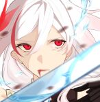  1girl bare_shoulders black_gloves blood blood_from_mouth china_dress chinese_clothes dress fu_hua fu_hua_(phoenix) gloves gradient_hair hair_between_eyes hair_ornament highres honkai_(series) honkai_impact_3rd long_hair looking_at_viewer low-tied_long_hair low_ponytail multicolored_hair ponytail red_eyes red_hair sho_2nini simple_background sleeveless sleeveless_dress solo streaked_hair water_drop white_background white_hair 