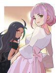  black_dress black_hair dark-skinned_female dark_skin dress green_hair hair_bun hair_ornament lacey_(pokemon) long_hair long_sleeves mizuiro123 multicolored_hair nemona_(pokemon) open_mouth pink_dress pokemon pokemon_sv sleeveless smile two-tone_hair yellow_eyes 