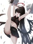  1girl @_@ alternate_costume armpits arms_up bags_under_eyes bare_legs black_hair black_shirt black_wings blue_archive blush bra breasts cheerleader confetti cropped_shirt halo highres komena_(shinyday312) leg_up long_hair medium_breasts melting_halo navel panties ponytail red_eyes red_halo shirt simple_background sleeveless sleeveless_shirt solo split standing standing_on_one_leg standing_split tsurugi_(blue_archive) underwear very_long_hair white_background white_bra white_panties wings 