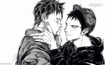  2boys aikawa_(dorohedoro) artist_request baseball_cap blush colored_tips couple dorohedoro eye_contact facial_hair facial_mark finger_in_another&#039;s_mouth greyscale hat looking_at_another male_focus medium_sideburns monochrome multicolored_hair multiple_boys no_eyebrows risu_(dorohedoro) sideburns_stubble sketch smile stubble thick_eyebrows yaoi 