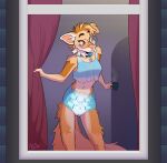 anthro arzdin canid canine canis clothed clothing coffee_mug collar crop_top curtains curtains_open diaper domestic_dog eyewear female glasses looking_out_window looking_outside mammal shirt solo steam teeth topwear underwear wearing_diaper window