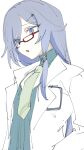  1girl aqua_shirt blue_eyes blue_hair c_uino coat doctor fu_hua green_necktie grey_hair hair_between_eyes hand_in_pocket highres honkai_(series) honkai_impact_3rd long_hair long_sleeves looking_to_the_side low-tied_long_hair low_ponytail necktie official_alternate_costume open_mouth ponytail shirt simple_background solo upper_body white_background white_coat 