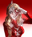  1girl baldur&#039;s_gate baldur&#039;s_gate_3 black_eyeshadow blank_eyes blonde_hair blood blood_on_clothes blood_on_face blood_on_hands bodysuit braid circlet collared_bodysuit colored_skin commentary crazy_grin crazy_smile detached_sleeves dungeons_and_dragons eyeball eyeshadow facing_viewer fingernails gradient_background grey_skin grin hair_over_shoulder hand_up headpiece highres holding_eyeball long_hair low-braided_long_hair makeup minthara one_eye_covered orin_the_red red_background red_bodysuit sharp_fingernails simple_background single_braid sketch smile solo symbol-only_commentary two-tone_background upper_body white_background yun_nian162 