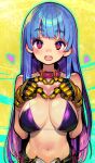  1girl bikini blue_hair breasts collar gloves gold_gloves gradient_hair heart heart_hands highres kula_diamond large_breasts long_hair looking_at_viewer multicolored_hair navel onono_imoko open_mouth pink_eyes pink_hair purple_bikini smile solo stomach swimsuit the_king_of_fighters unzipped yellow_background yellow_gloves zipper 