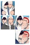  2boys black_eyes black_hair blush couple hand_on_another&#039;s_face highres hood hood_up hoodie kiss kissing_cheek looking_at_viewer male_focus multiple_boys multiple_views nicknem red_hair rukawa_kaede sakuragi_hanamichi short_hair slam_dunk_(series) surprised upper_body v yaoi 