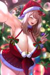  1girl absurdres breasts christmas christmas_tree dress emma_(color_me_red)_(nikke) emma_(nikke) gigantic_breasts goddess_of_victory:_nikke hat highres karma3009 light_brown_hair long_hair looking_at_viewer neck_ribbon official_alternate_costume open_mouth panties pantyshot pom_pom_(clothes) red_dress red_footwear red_panties red_ribbon ribbon santa_hat sleeveless sleeveless_dress smile solo underwear 